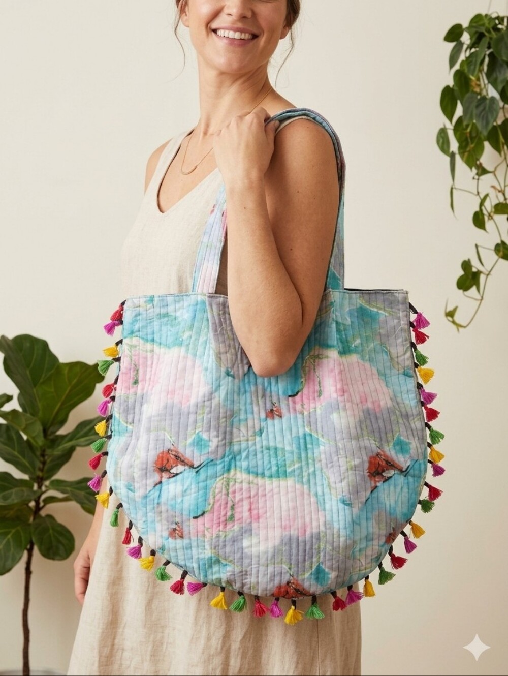 Karma Highway Quilted Multicolor Tassel Tote Bag New Without Tags